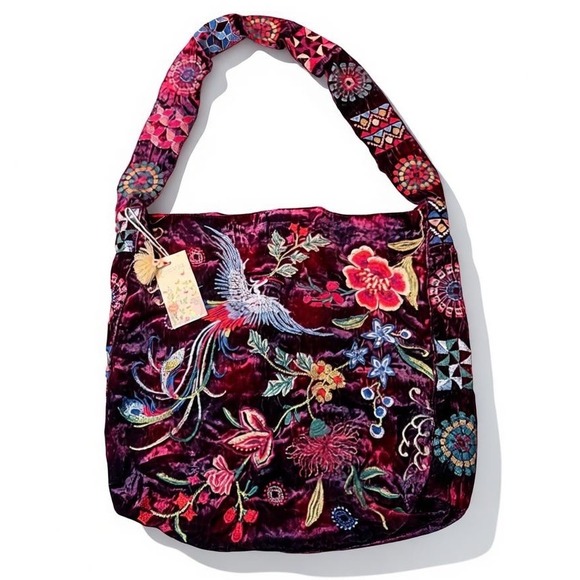 NWT Johnny Was Biya JWLA Cerise Burgundy Tote Velvet Embroidered Wide Strap Bag - Picture 2 of 8